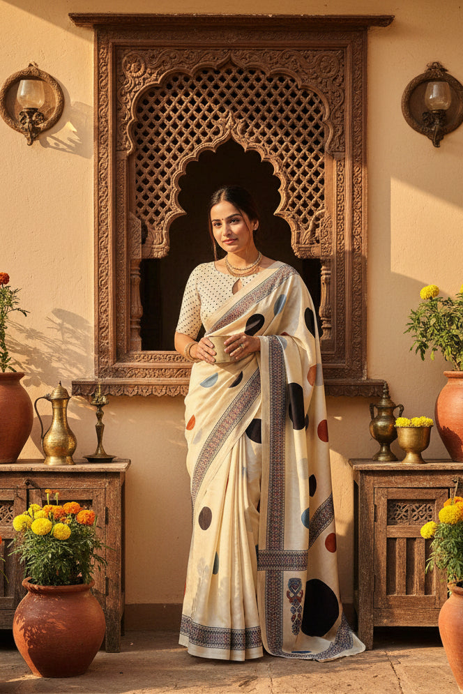 Soft gajji silk ajrakh printed saree with unstitched blouse(white)
