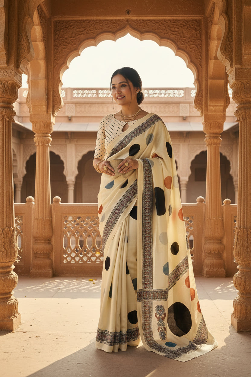 Soft Gajji Silk Ajrakh Printed Saree With Unstitched Blouse(white)