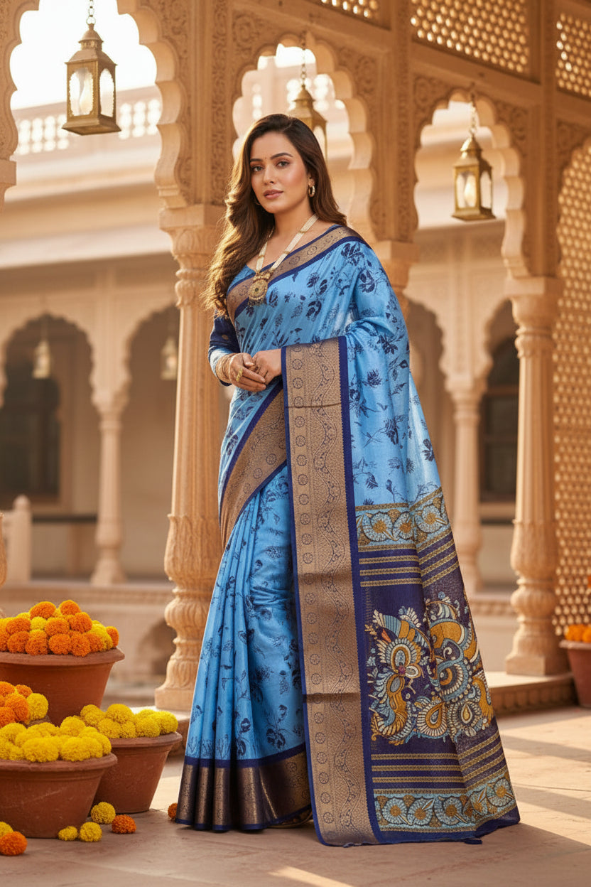 Soft Dola Cotton Kalamkari Printed Saree With Unstitched Blouse(Blue)