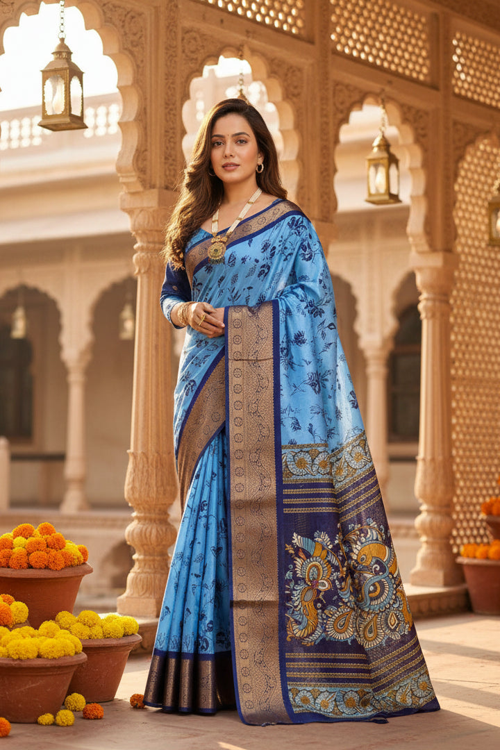 Soft dola cotton kalamkari printed saree with unstitched blouse(blue)