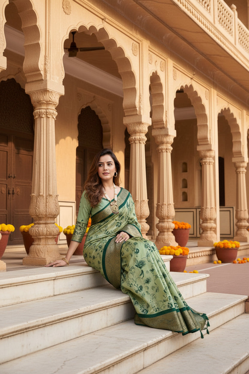 Soft Dola Cotton Kalamkari Printed Saree With Unstitched Blouse(Green)
