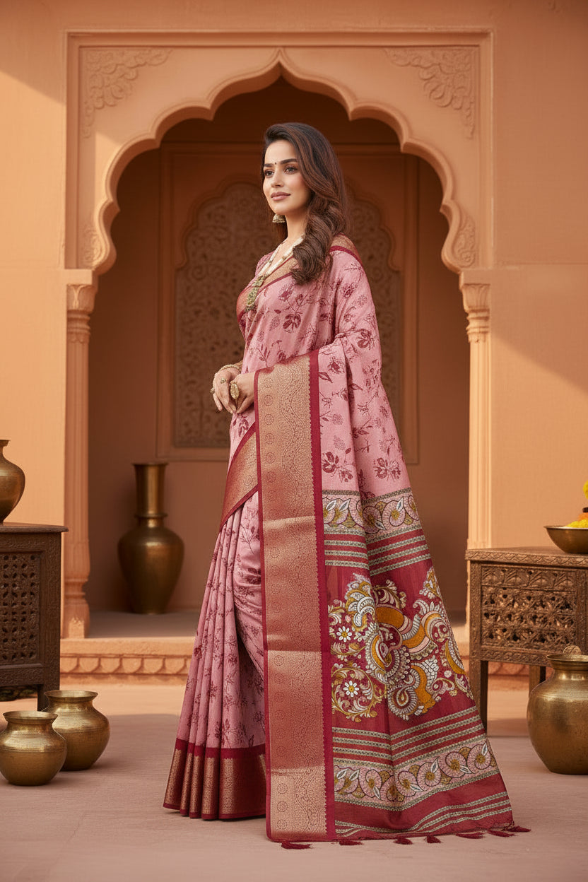 Soft dola cotton kalamkari printed saree with unstitched blouse(pink)
