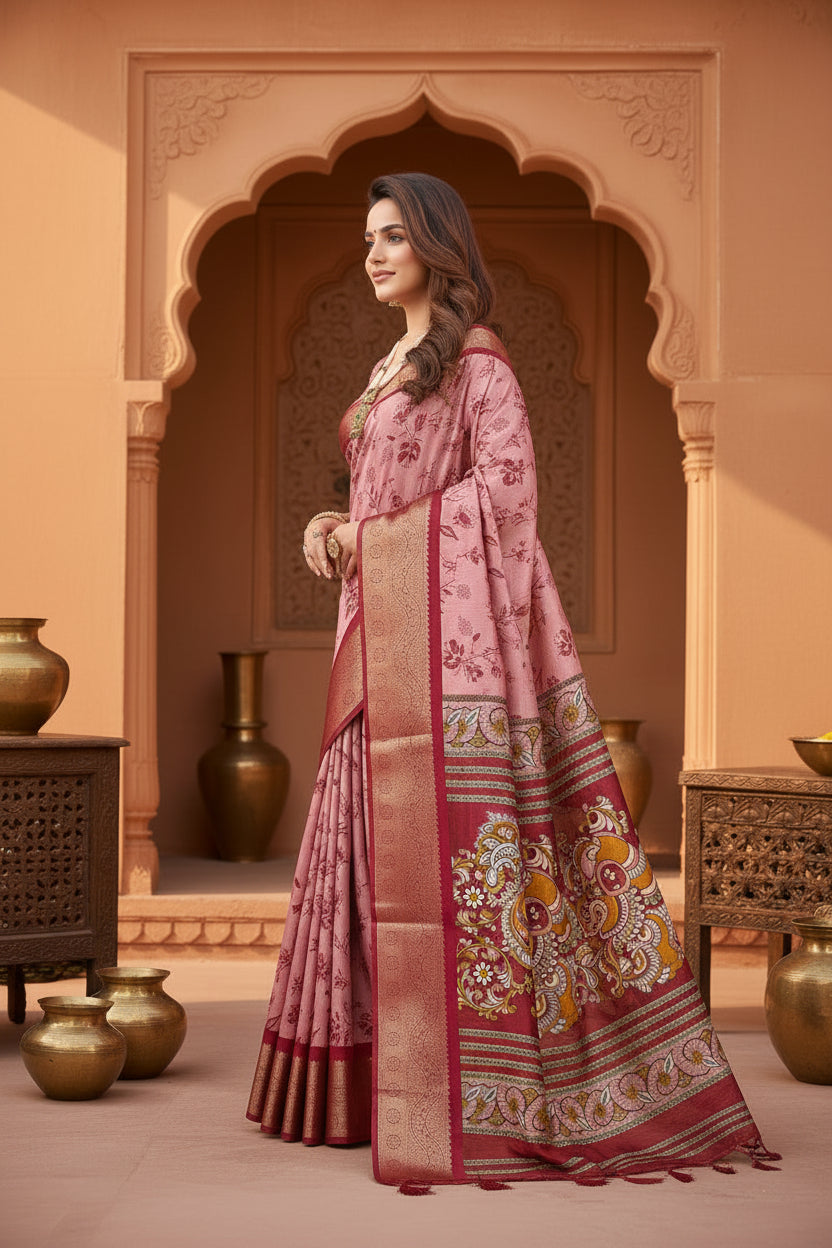Soft Dola Cotton Kalamkari Printed Saree With Unstitched Blouse(Pink)