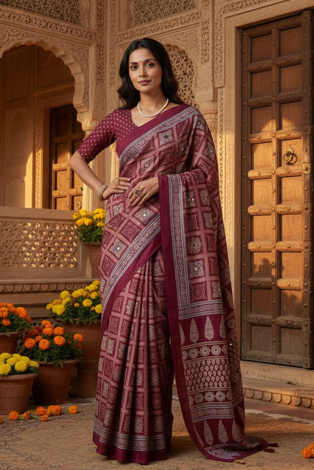 Satin Silk Ajrakh Printed Saree With Unstitched Blouse(Red)