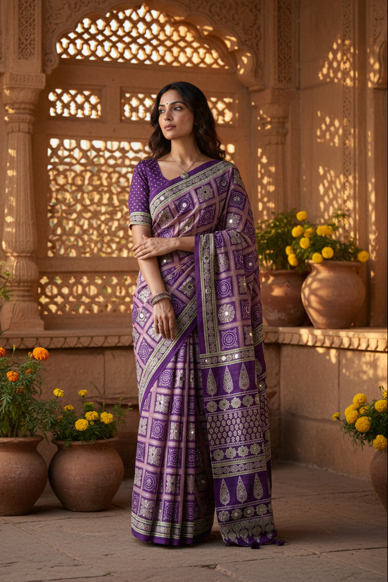 Satin Silk Ajrakh Printed Saree With Unstitched Blouse(Purple)