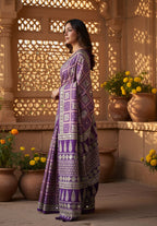 Satin Silk Ajrakh Printed Saree With Unstitched Blouse(Purple)