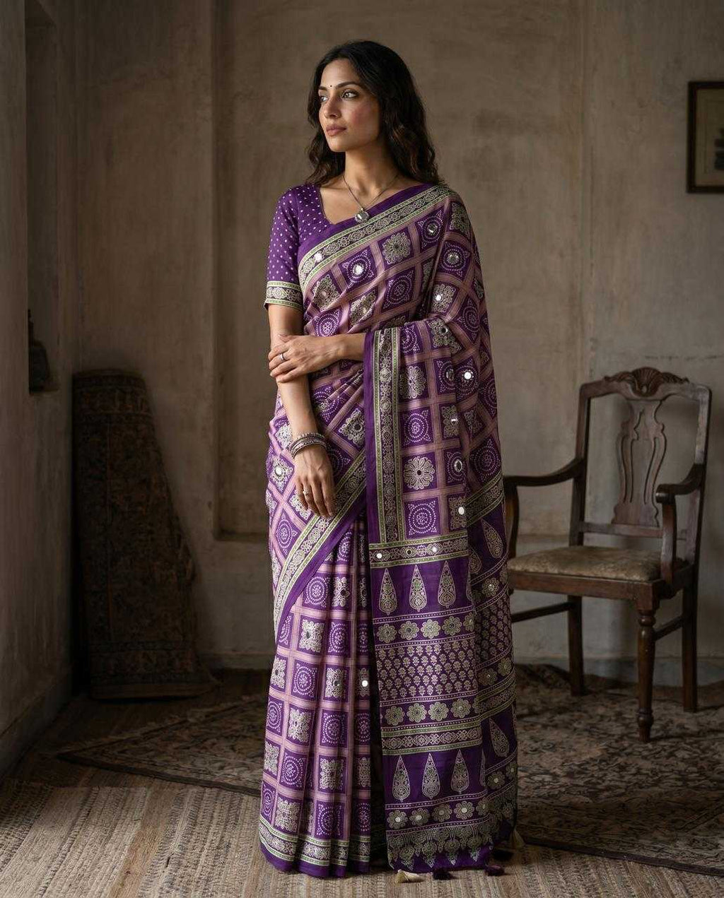 Satin Silk Ajrakh Printed Saree With Unstitched Blouse(Purple)