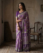 Satin Silk Ajrakh Printed Saree With Unstitched Blouse(Purple)
