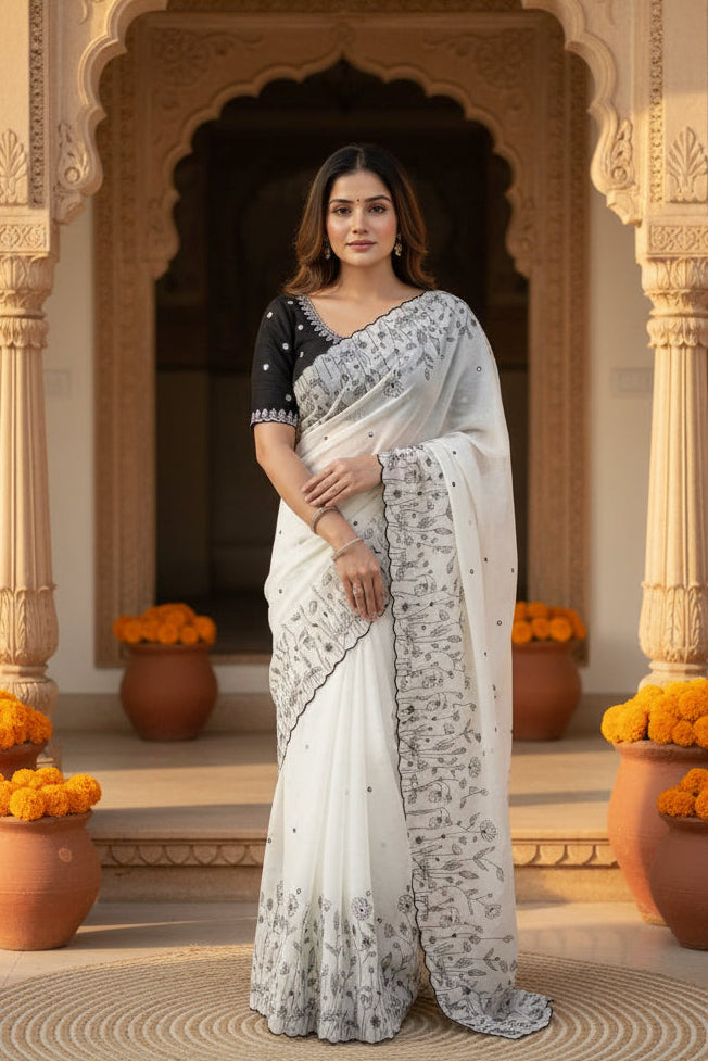 Georgette Embroidery Work Printed Saree With Unstitched Blouse