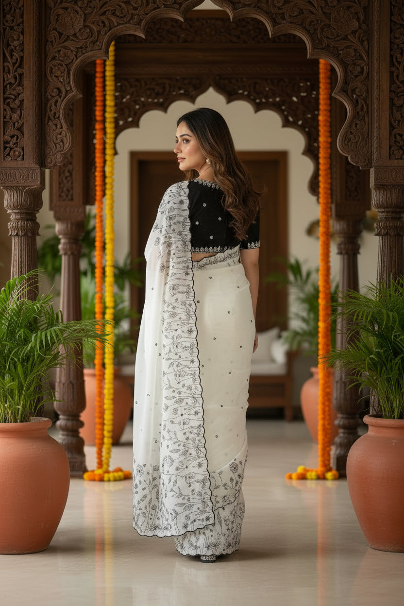 Georgette Embroidery Work Printed Saree With Unstitched Blouse