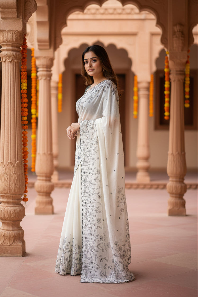 Georgette embroidery work printed saree with unstitched blouse