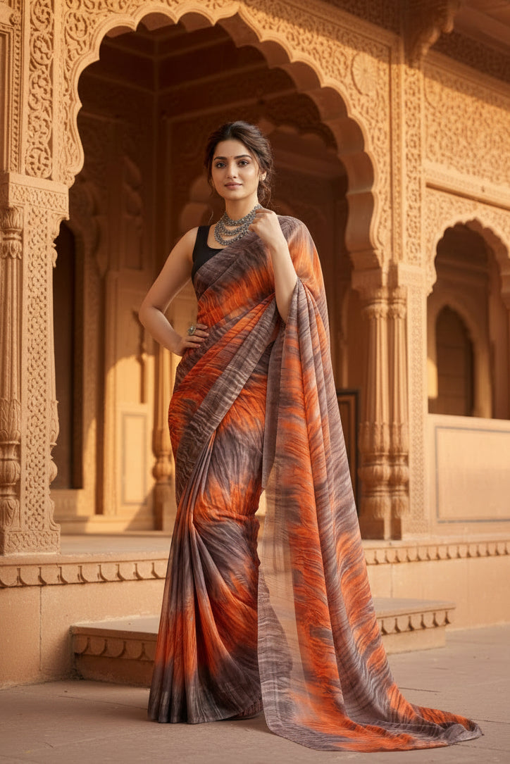 Soft Georgette Ready To Wear Saree With Unstitched Blouse(Orange)