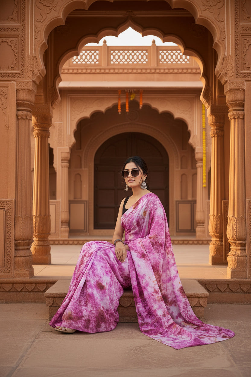 Designer Georgette Printed Saree With Unstitched Blouse (Pink)