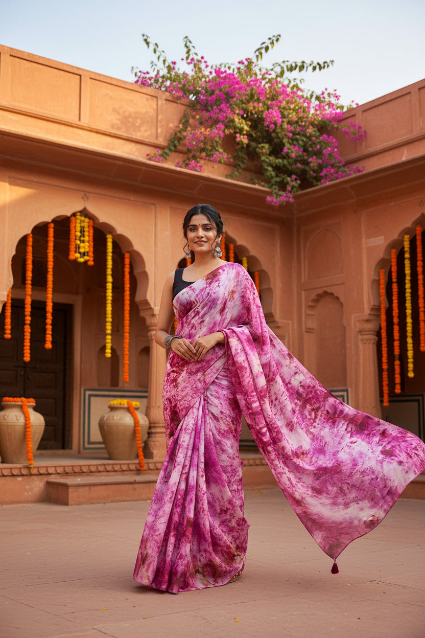 Designer Georgette Printed Saree With Unstitched Blouse (Pink)