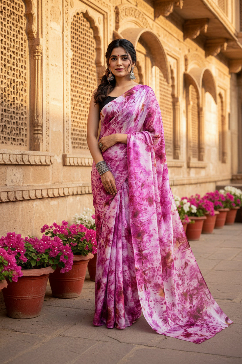 Designer Georgette Printed Saree With Unstitched Blouse (Pink)