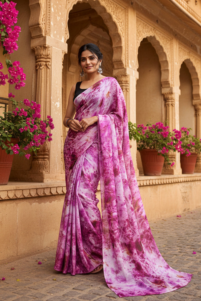 Designer Georgette Printed Saree With Unstitched Blouse (Pink)