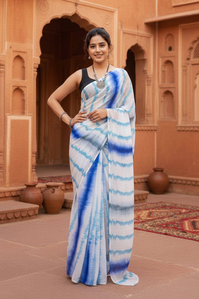 Designer Georgette Printed Saree With Unstitched Blouse(Light Blue)