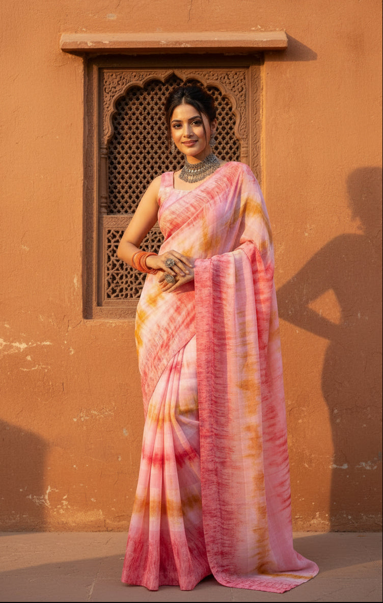 Designer Georgette Printed Saree With Unstitched Blouse(Light Pink)