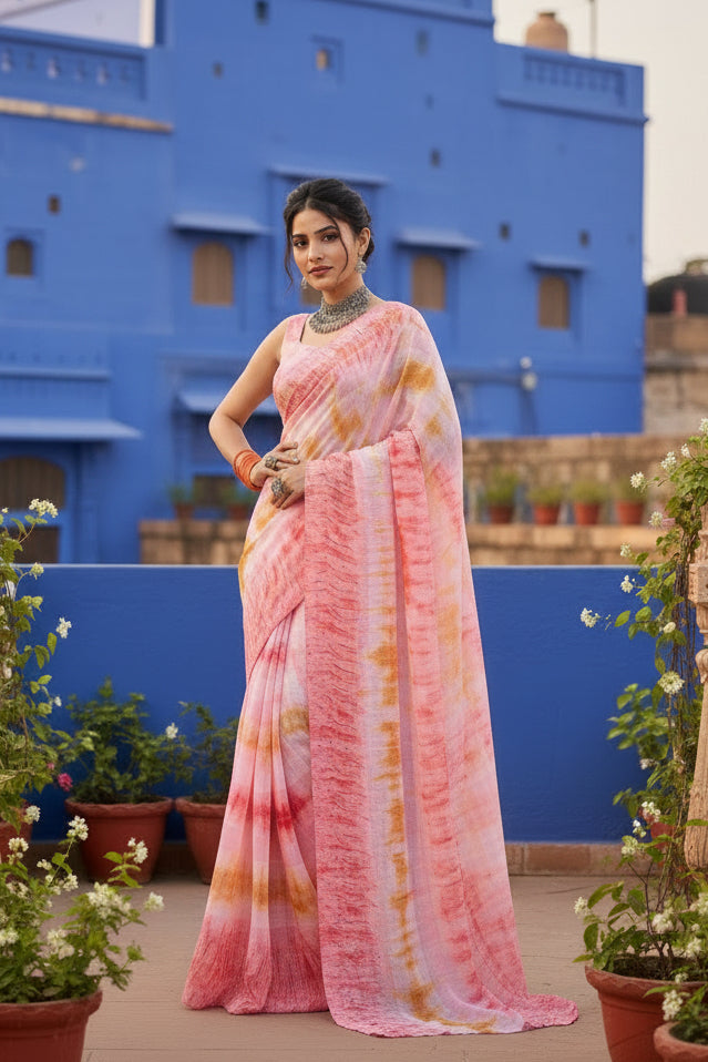 Designer Georgette Printed Saree With Unstitched Blouse(Light Pink)