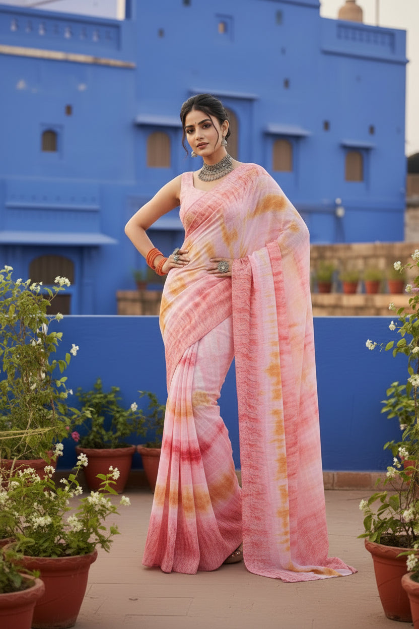 Designer Georgette Printed Saree With Unstitched Blouse(Light Pink)