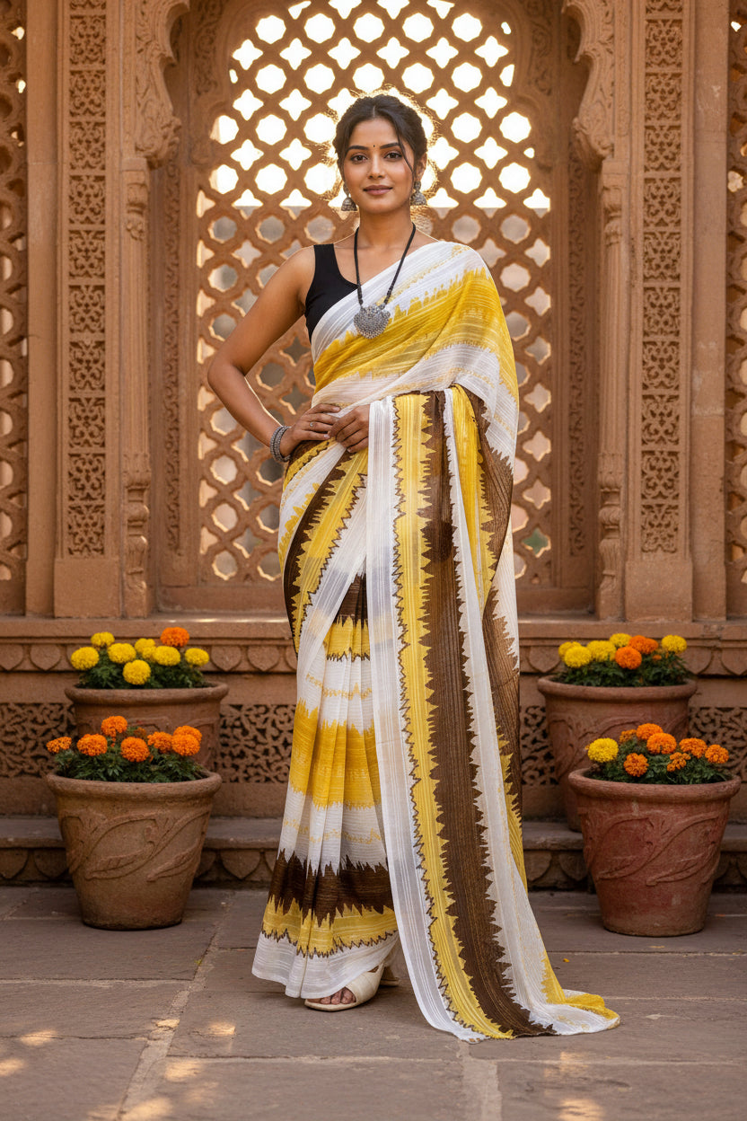 Designer Georgette Printed  Saree With Unstitched Blouse(Yellow)