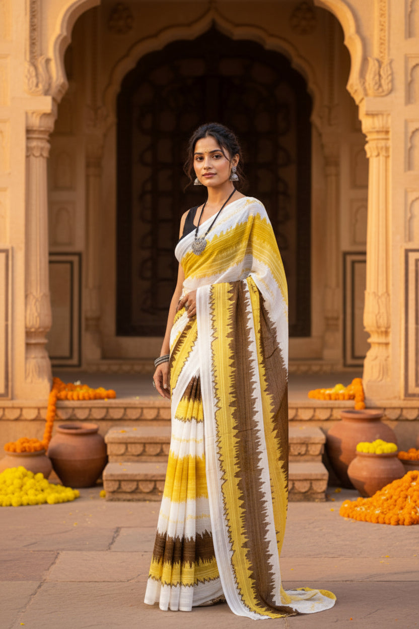 Designer Georgette Printed  Saree With Unstitched Blouse(Yellow)
