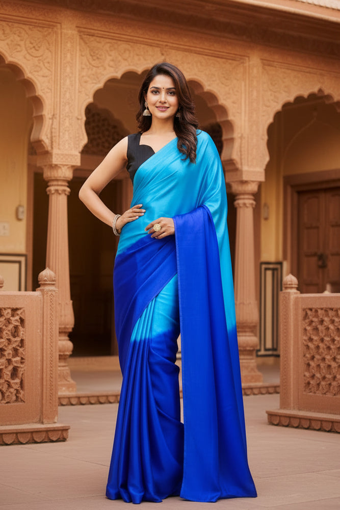 Designer Georgette Printed Saree With Unstitched Blouse( Blue)