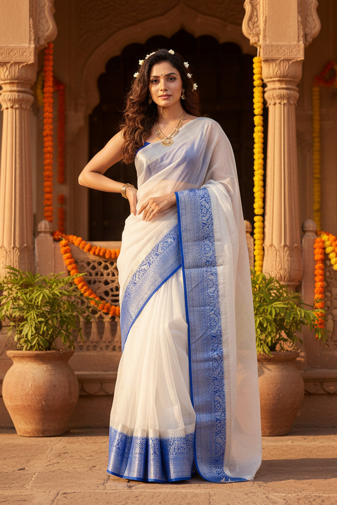 Soft Organza Saree With Unstitched Blouse(Blue)