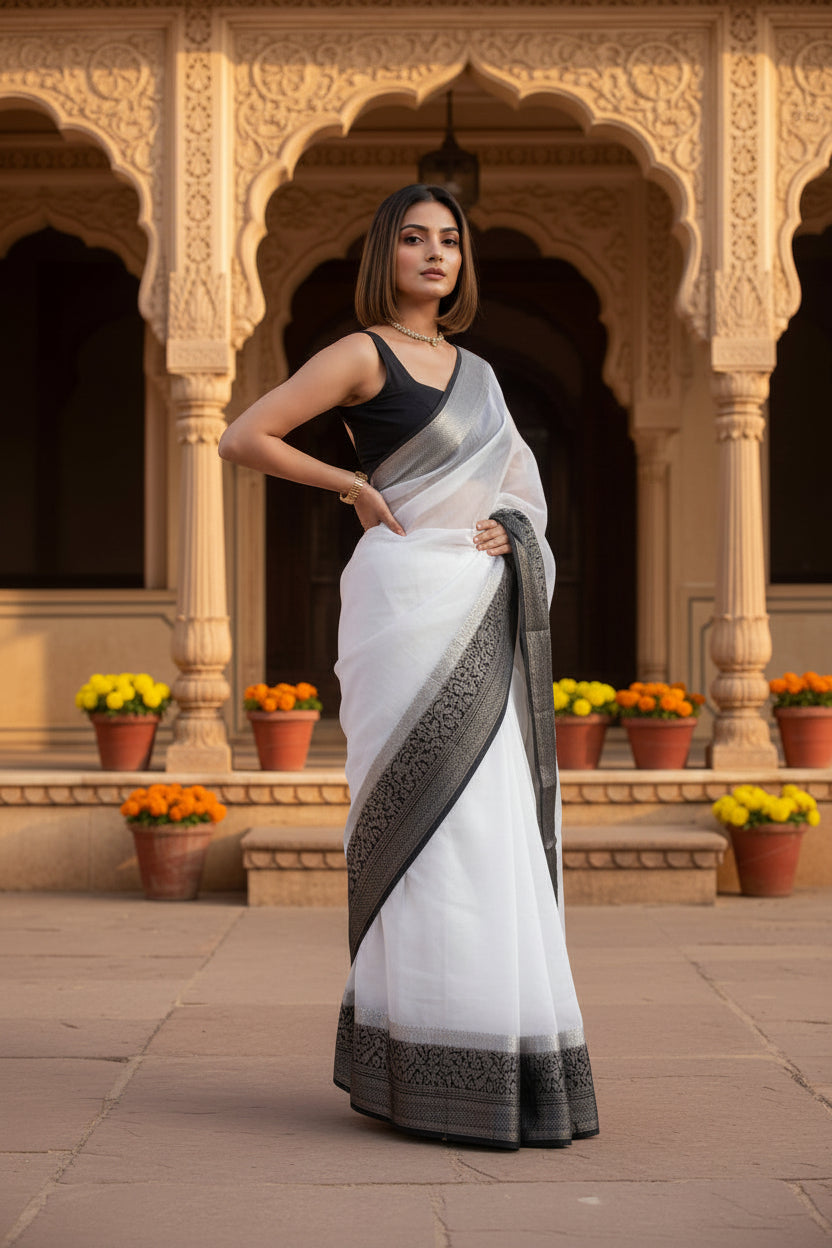 Soft Organza Saree With Unstitched Blouse(Black)