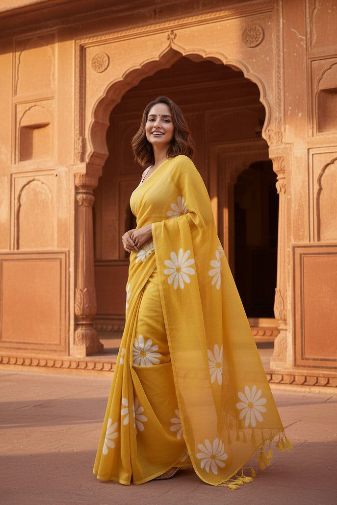 Designer Linen Printed Saree (Yellow)