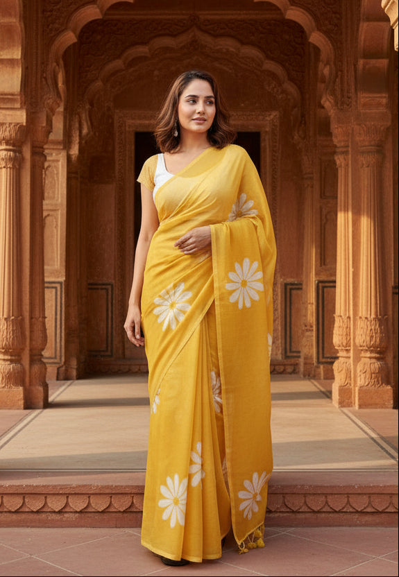Designer linen printed saree (yellow)