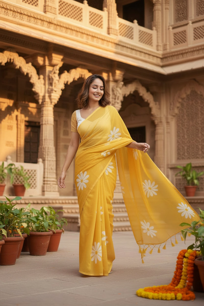 Designer Linen Printed Saree (Yellow)