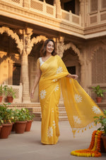 Load image into Gallery viewer, Designer Linen Printed Saree (Yellow)
