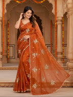 Premium Satin Silk Embroidery Work Saree With Unstitched Blouse(Mustard)