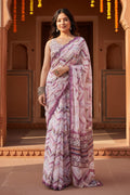 Georgette Printed Mirror Work Saree With Unstitched Blouse(Cream)