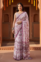Georgette Printed Mirror Work Saree With Unstitched Blouse(Cream)