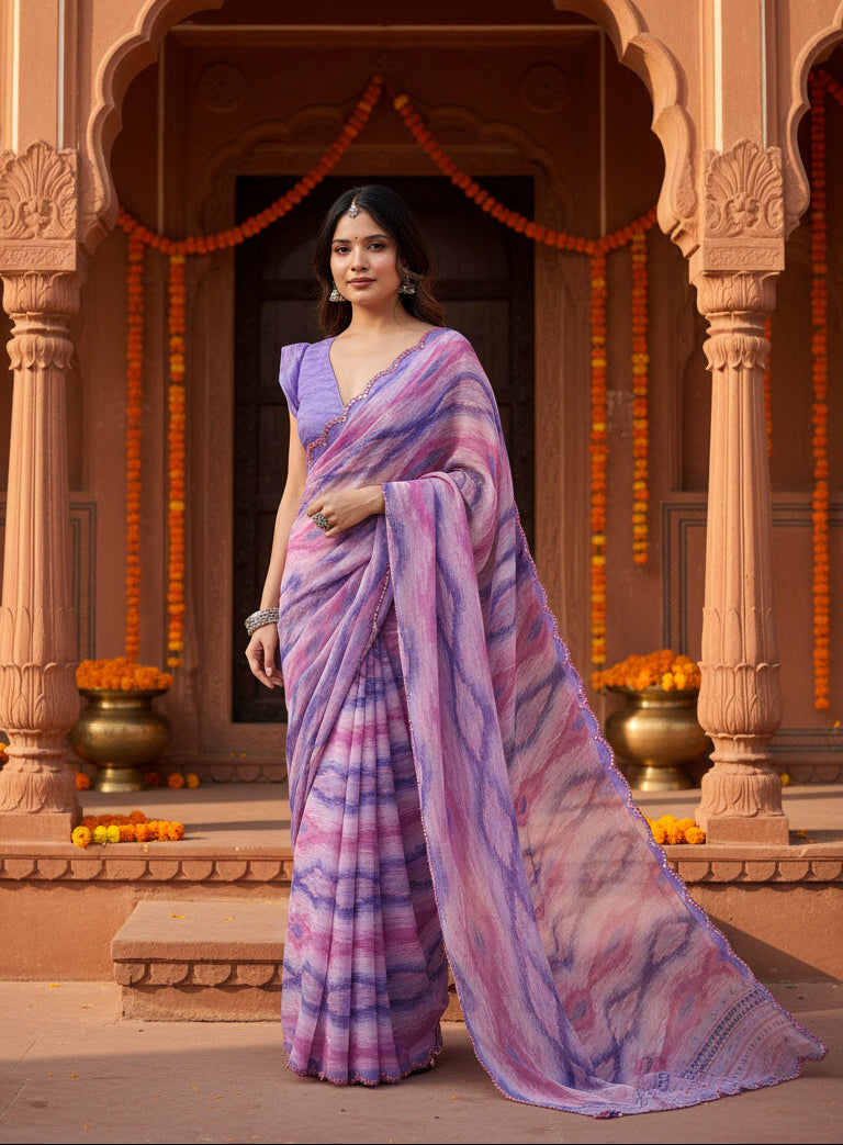 Georgette Printed Mirror Work Saree With Unstitched Blouse(Lavender)