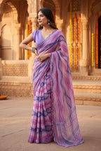 Georgette Printed Mirror Work Saree With Unstitched Blouse(Lavender)
