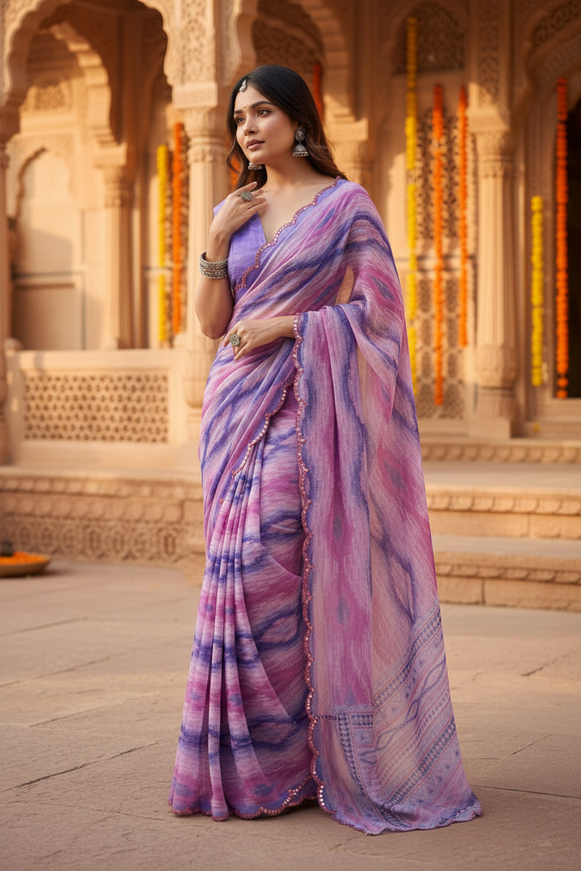 Georgette Printed Mirror Work Saree With Unstitched Blouse(Lavender)