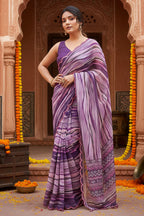 Georgette Printed Mirror Work Saree With Unstitched Blouse(Purple)