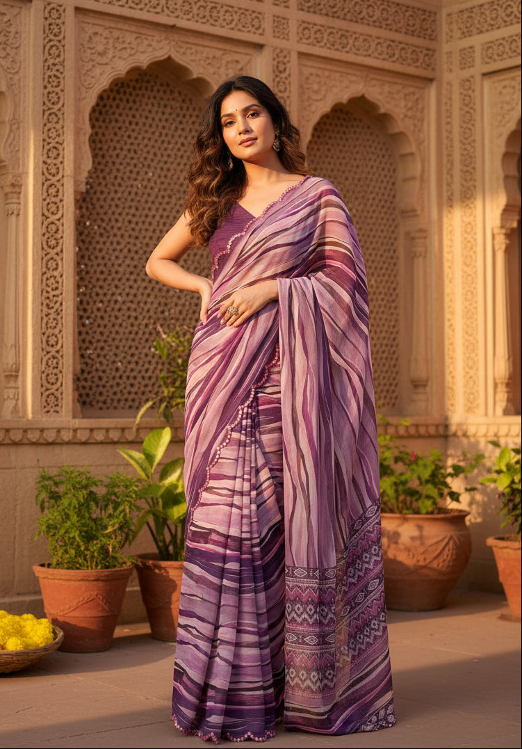Georgette Printed Mirror Work Saree With Unstitched Blouse(Purple)