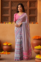 Georgette Printed Mirror Work Saree With Unstitched Blouse(Sky)