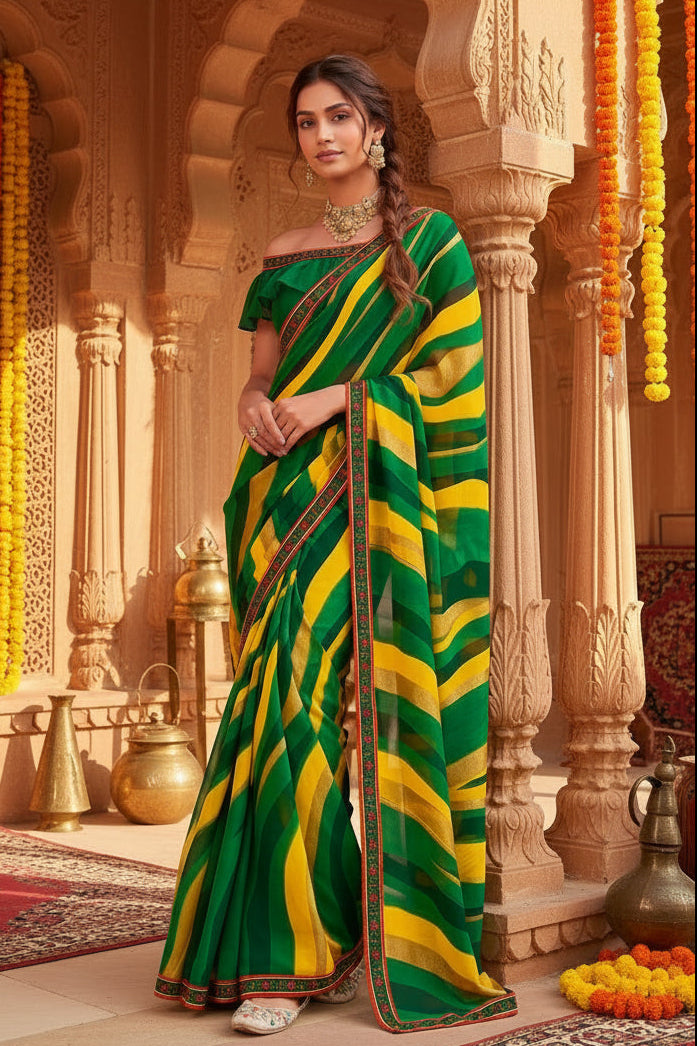 Georgette Digital Print Saree With Unstitched Blouse(Green)