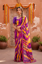 Georgette Digital Print Saree With Unstitched Blouse(Purple)