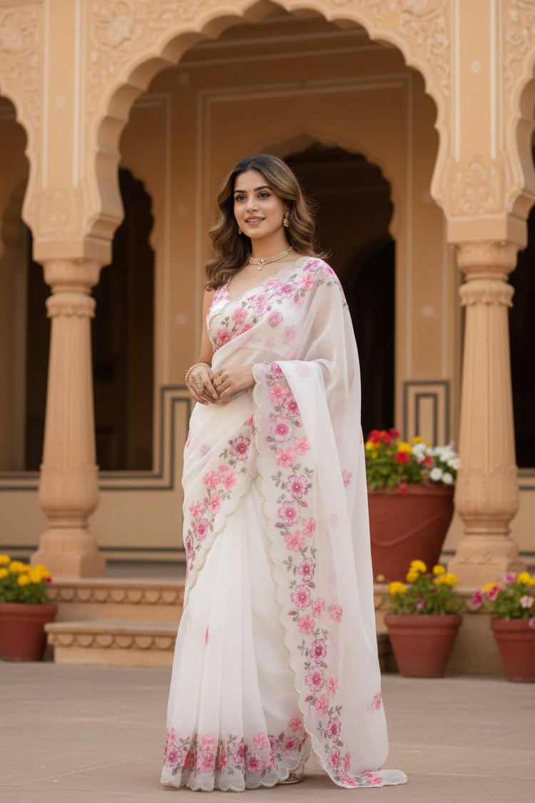 Organza saree with unstitched blouse(pink)