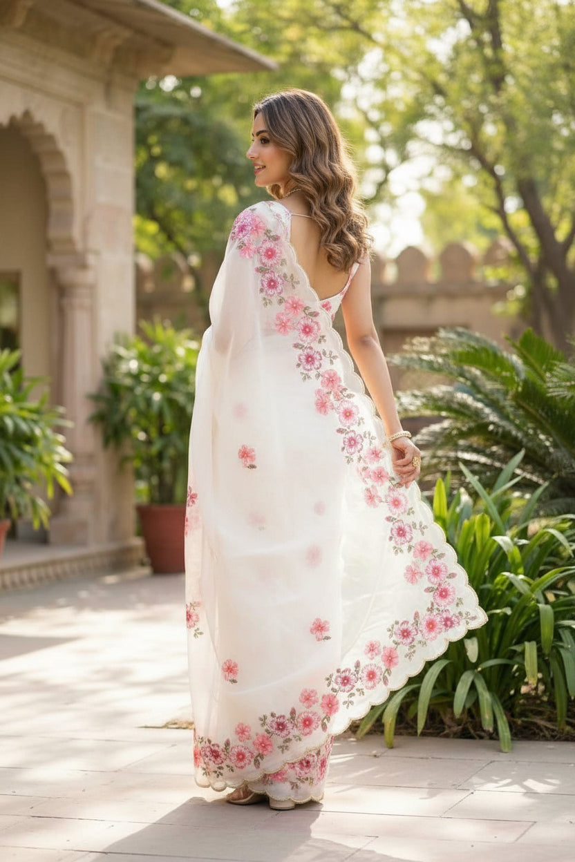 Organza Saree With Unstitched Blouse(Pink)