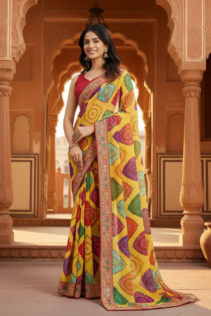 Rajwadi Bandhej Georgette Saree With Heavy Embroidery Lace Work & Unstitched Blouse(Mustard)