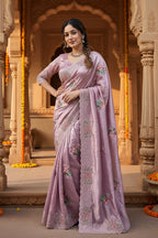 Georgette Multi Embroidery Work Saree With Unstitched Blouse(Pink)