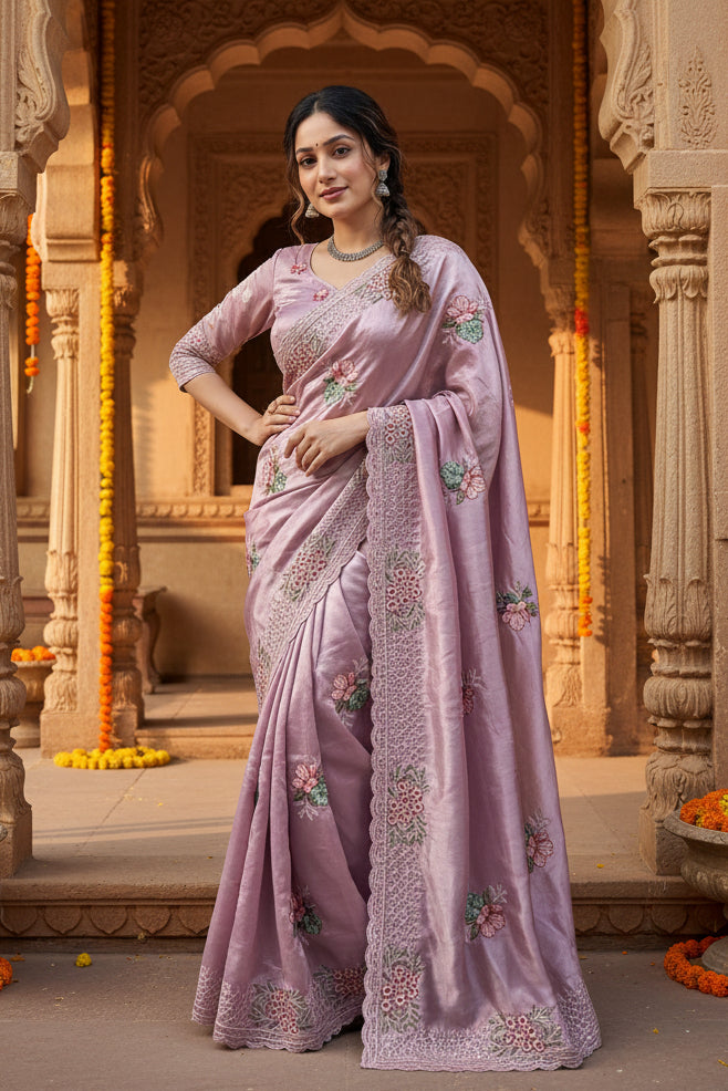 Georgette Multi Embroidery Work Saree With Unstitched Blouse(Pink)