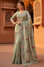 Georgette Multi Embroidery Work Saree With Unstitched Blouse(Teal)